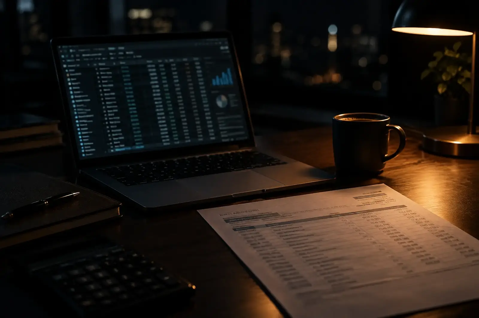 A bookkeeper's desk with a laptop and a bank statement at night